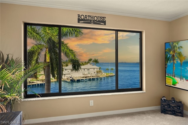 interior space with crown molding, carpet, and a water view