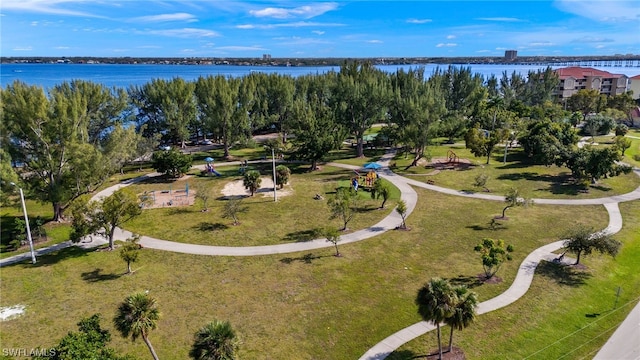 bird's eye view with a water view