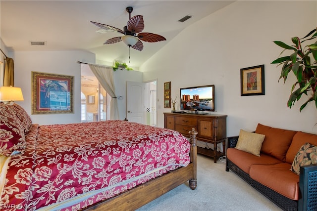 carpeted bedroom with vaulted ceiling and ceiling fan