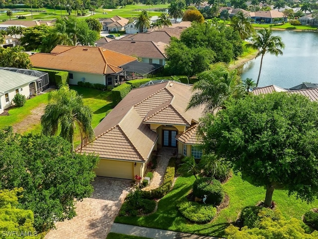 drone / aerial view with a water view