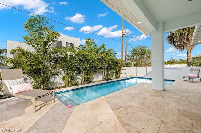 view of swimming pool featuring a fenced in pool, a fenced backyard, and a patio area