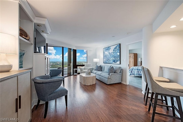 living room with dark wood-type flooring and floor to ceiling windows