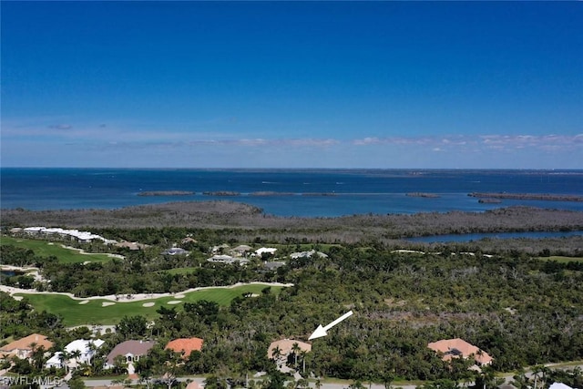 bird's eye view with golf course view and a water view