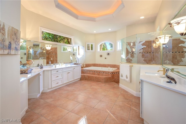 bathroom featuring crown molding, independent shower and bath, tile patterned flooring, and vanity