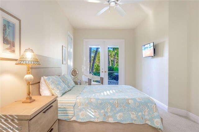 bedroom with french doors, carpet, access to outside, baseboards, and a ceiling fan