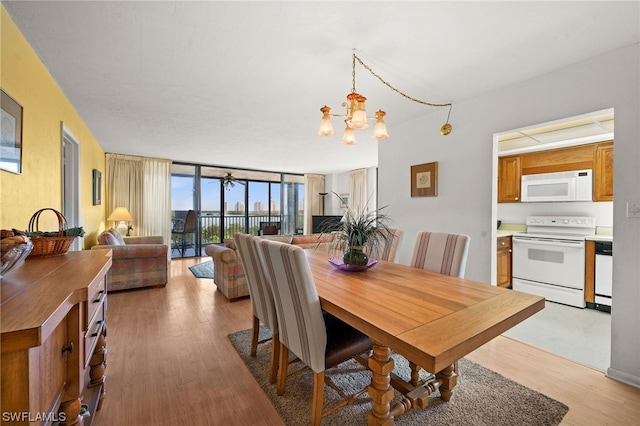 dining room featuring light hardwood / wood-style floors, a wall of windows, and an inviting chandelier