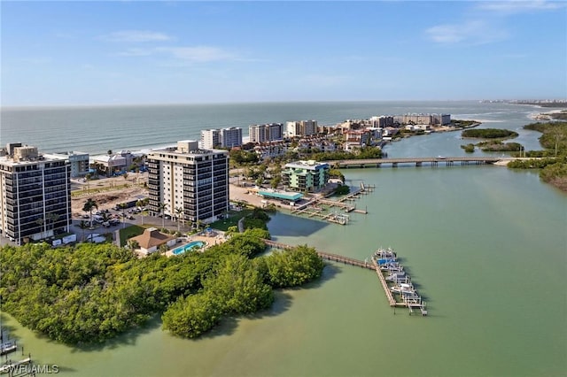 aerial view with a water view and a view of city