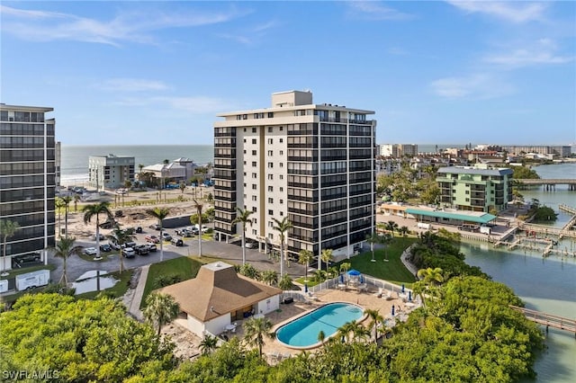 aerial view with a water view and a city view