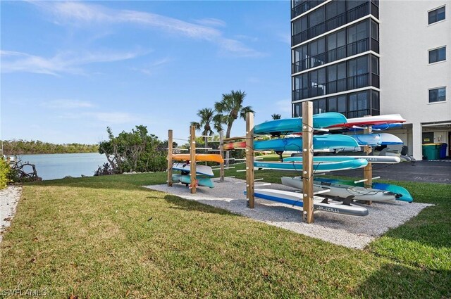 exterior space with a water view