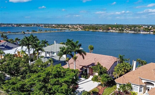 drone / aerial view with a water view