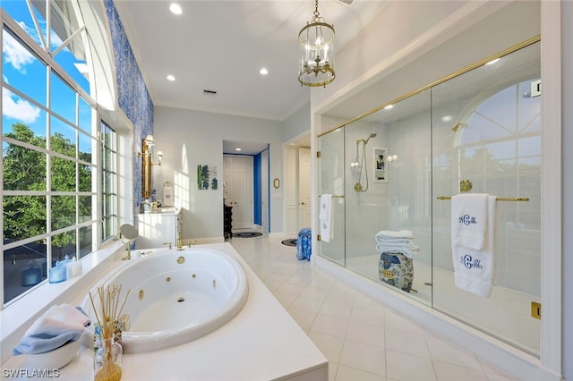 bathroom featuring ornamental molding, a shower stall, vanity, a jetted tub, and tile patterned floors