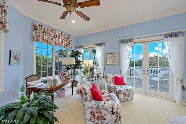 living area featuring a ceiling fan, ornamental molding, carpet, french doors, and recessed lighting