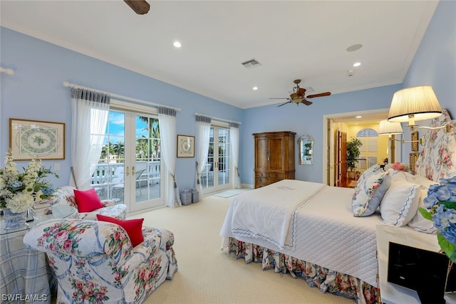 carpeted bedroom with access to exterior, french doors, ceiling fan, and crown molding