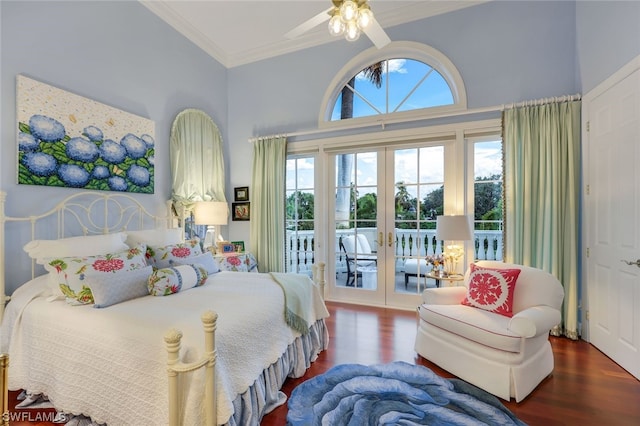 bedroom with ceiling fan, french doors, crown molding, access to outside, and hardwood / wood-style flooring