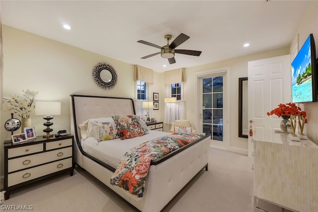 bedroom featuring a ceiling fan, recessed lighting, access to outside, and light carpet