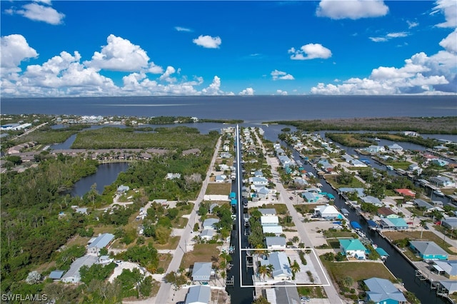 bird's eye view with a water view