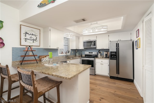 kitchen with a raised ceiling, appliances with stainless steel finishes, light wood-type flooring, and white cabinets