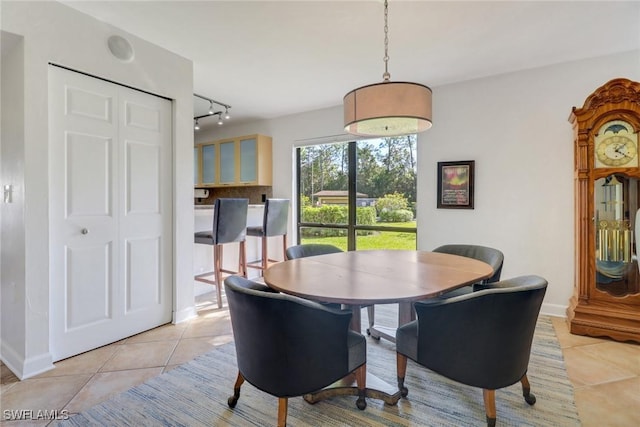 tiled dining room featuring rail lighting