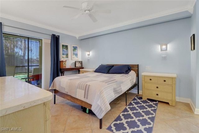 tiled bedroom with ceiling fan, access to exterior, and ornamental molding