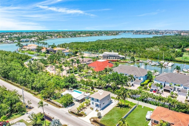 aerial view featuring a water view