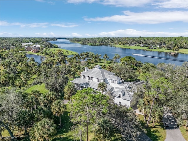 drone / aerial view featuring a water view