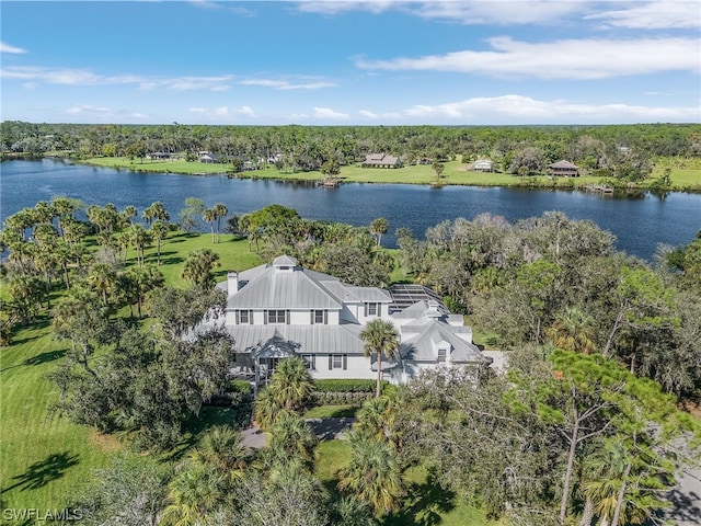 birds eye view of property featuring a water view