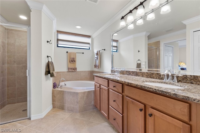 bathroom with tile patterned flooring, crown molding, independent shower and bath, and vanity