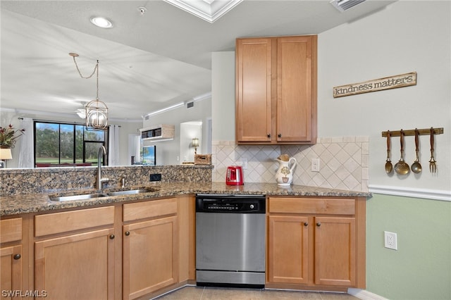 kitchen featuring sink, crown molding, dishwasher, dark stone counters, and backsplash