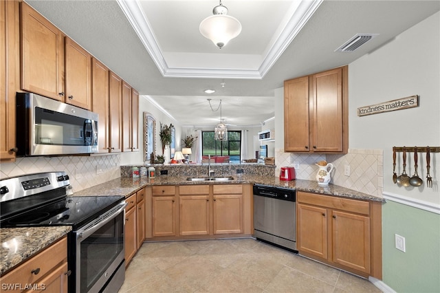 kitchen with stainless steel appliances, a raised ceiling, sink, and ornamental molding