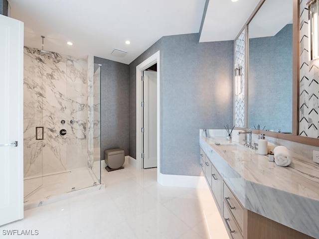 4101 Gulf Shore Blvd N Unit Ph-3, Naples, FL 34103 - bathroom with baseboards, a marble finish shower, toilet, recessed lighting, and vanity