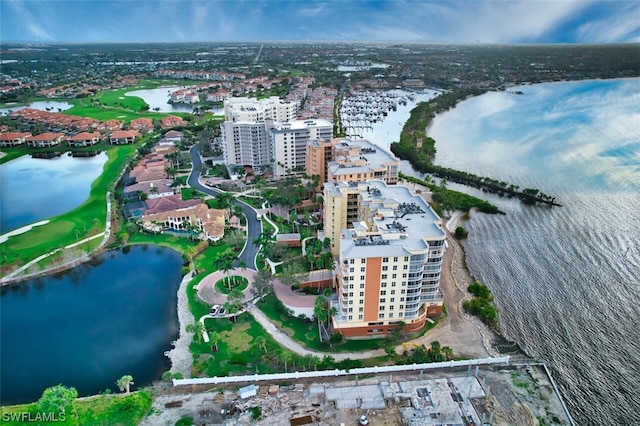 drone / aerial view with a water view