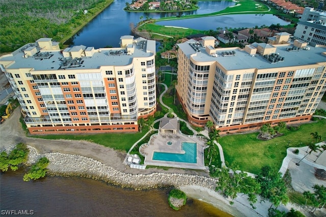 drone / aerial view featuring a water view