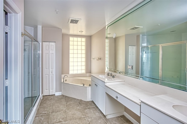 bathroom featuring shower with separate bathtub and vanity