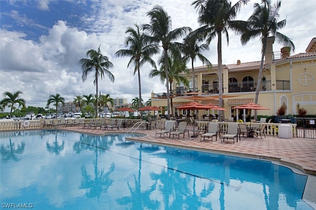 view of swimming pool with a patio