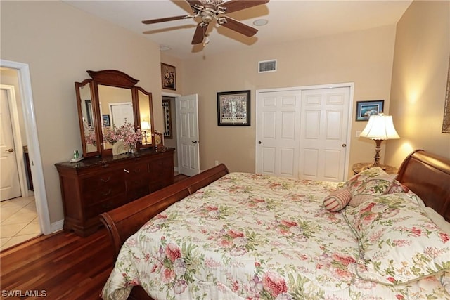 5526 Cheshire Dr, Fort Myers, FL 33912 - bedroom with ceiling fan, wood-type flooring, and a closet