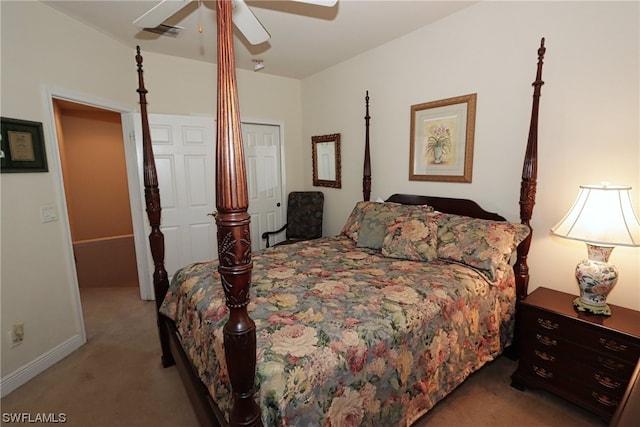 carpeted bedroom with ceiling fan