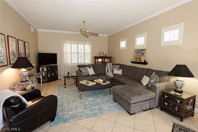 tiled living room with ornamental molding and ceiling fan