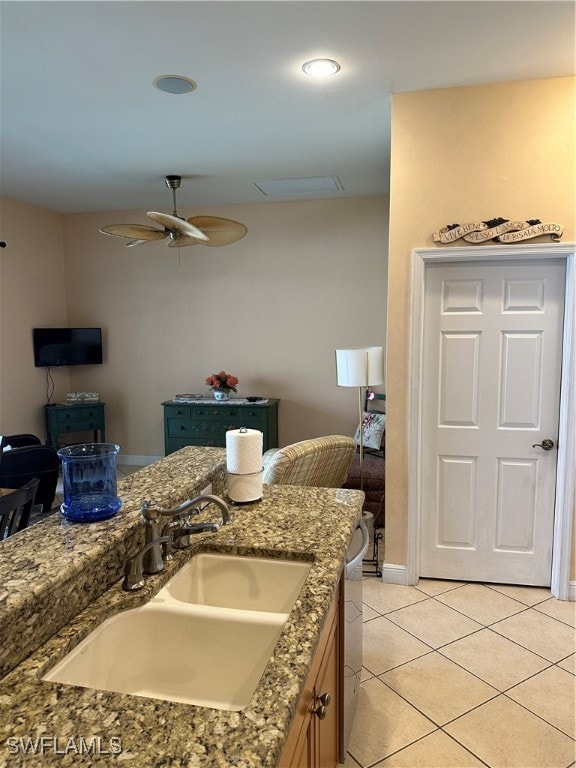 bathroom with vanity, tile patterned floors, and ceiling fan