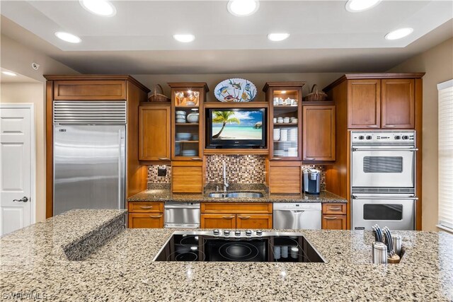 kitchen with stainless steel appliances, sink, and light stone counters