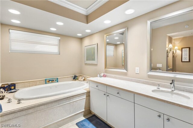 bathroom featuring ornamental molding, vanity, and a washtub