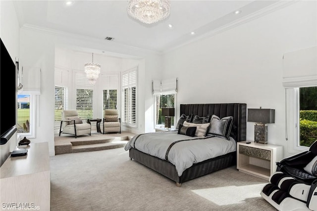 carpeted bedroom featuring crown molding, a notable chandelier, recessed lighting, and visible vents