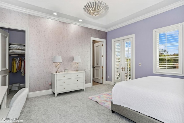 bedroom featuring access to exterior, light colored carpet, and crown molding