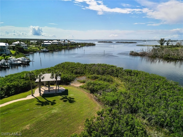 drone / aerial view featuring a water view