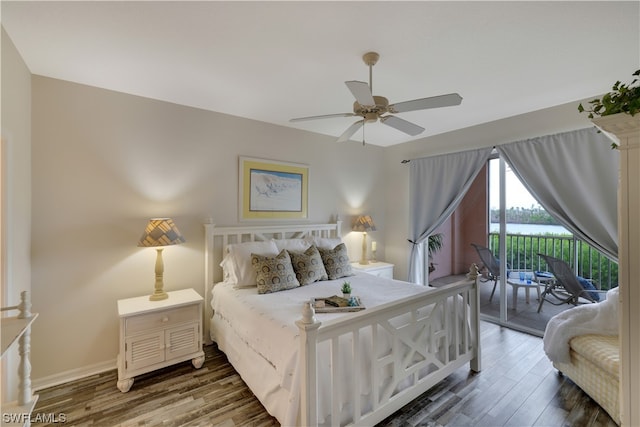 bedroom featuring dark wood-type flooring, ceiling fan, and access to exterior