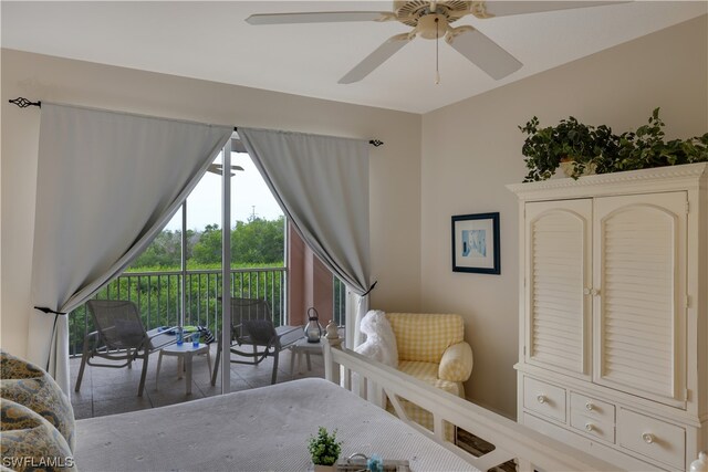 bedroom featuring access to outside and ceiling fan