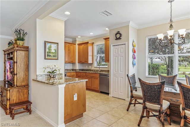 kitchen featuring a notable chandelier, light tile floors, light stone counters, dishwasher, and pendant lighting