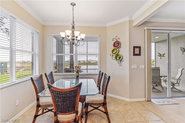 tiled dining area with an inviting chandelier and ornamental molding