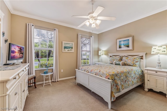 bedroom with light carpet, crown molding, and ceiling fan