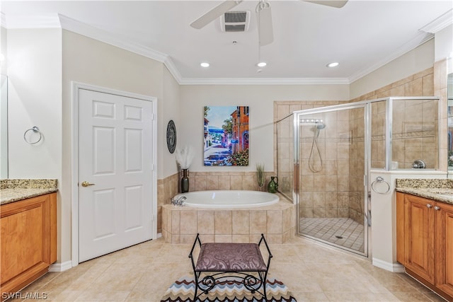 bathroom with tile floors, vanity, ceiling fan, and independent shower and bath