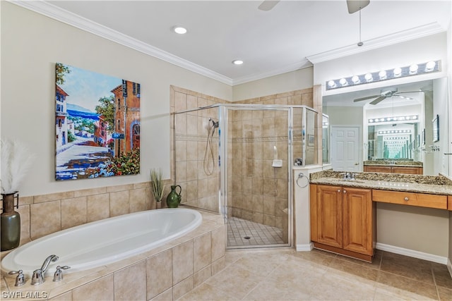 bathroom featuring independent shower and bath, ceiling fan, tile flooring, oversized vanity, and ornamental molding